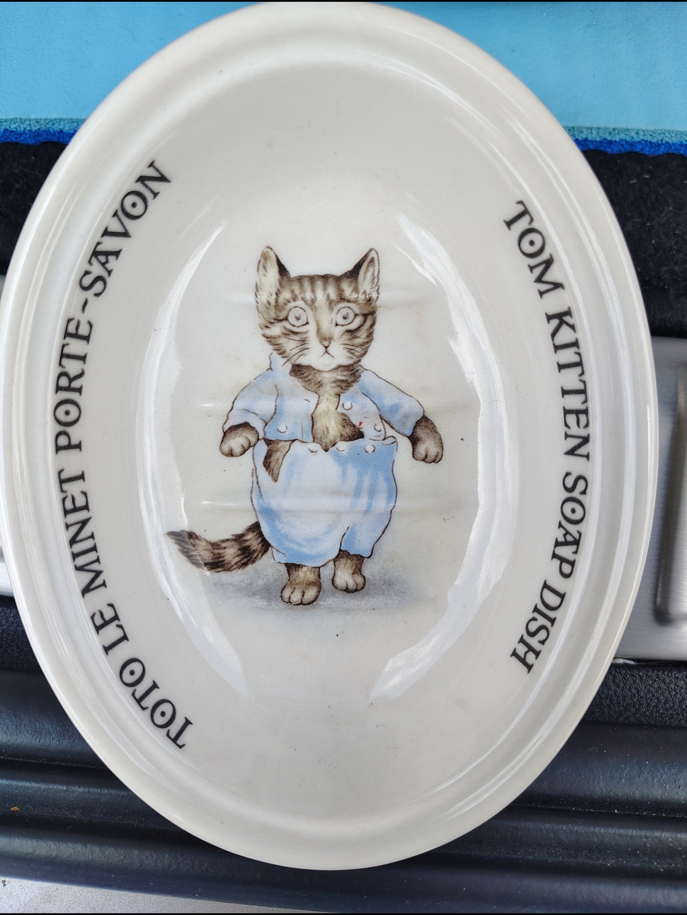 Mason Ceramic Cat Soap Dish with Blue Outfit Illustration